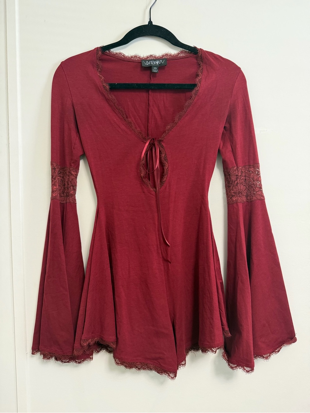 Red Lace-Trim Bell Sleeve Top
